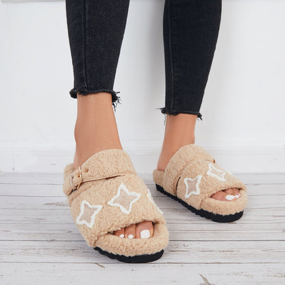 Open Toe Fluffy Slippers Faux Fur Lining Soft Footbed Shoes
