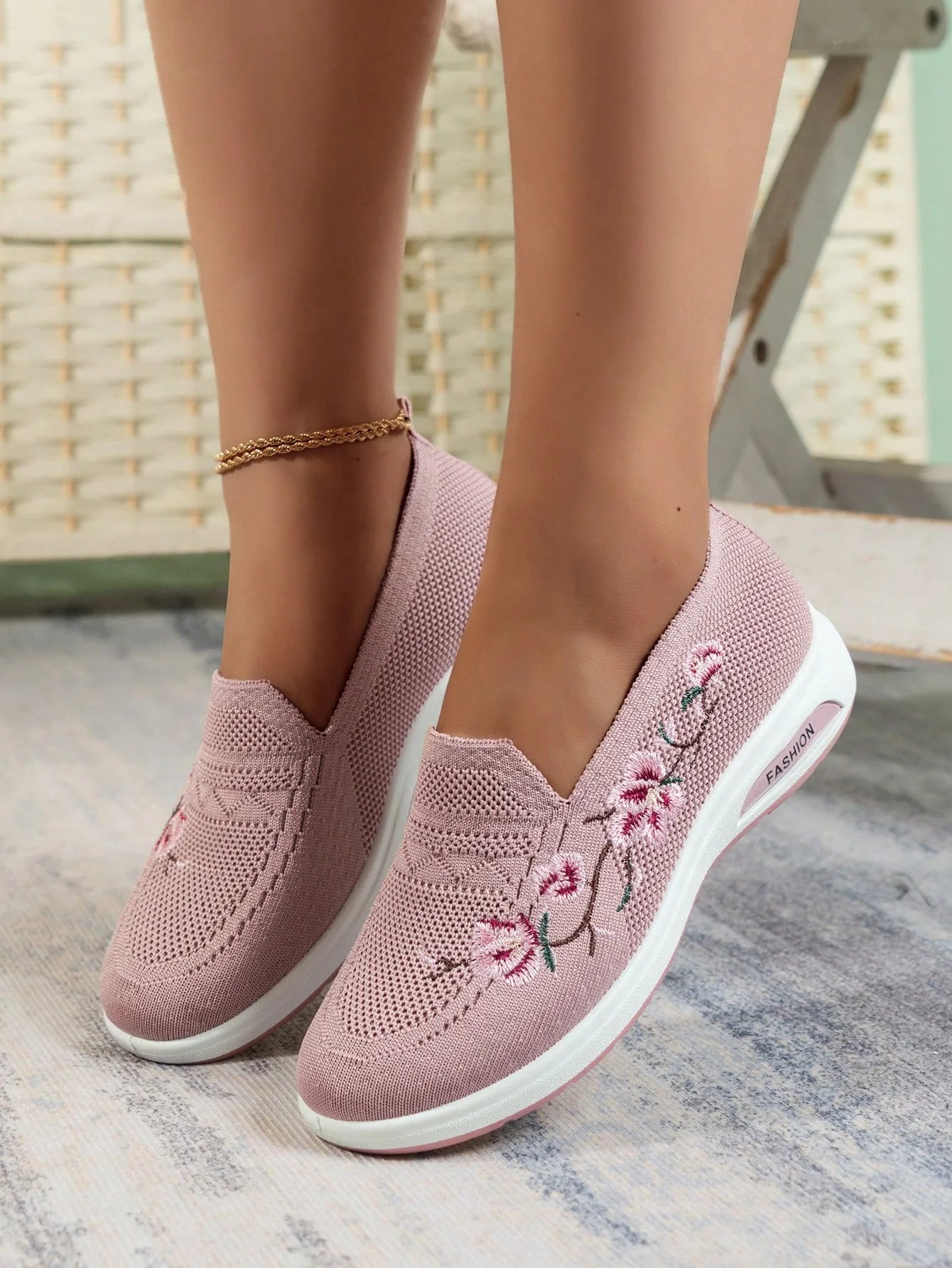 Sporty Sneakers For Women, Floral Embroidered Slip On Rocking Shoes