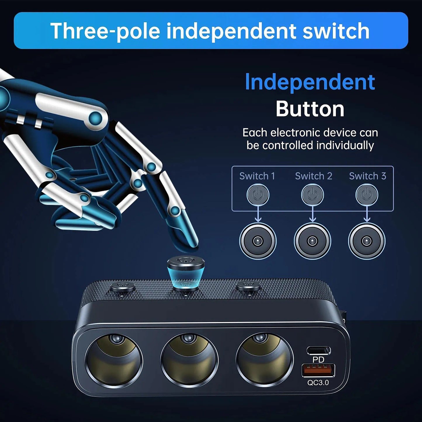 New 127w 7-in-1 Car Charger Splitter PD30w QC3.0 cigarette Lighter Adapter Car Cigarette Lighter Socket Splitter with Switch