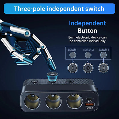 New 127w 7-in-1 Car Charger Splitter PD30w QC3.0 cigarette Lighter Adapter Car Cigarette Lighter Socket Splitter with Switch