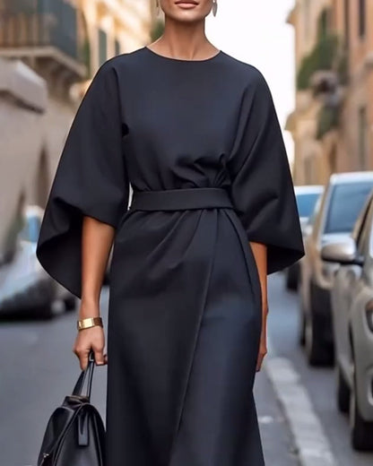 Stylish Dress with Bell Sleeves and Waist Belt