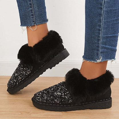 Faux Fur Sequin Flat Ankle Boots Side Zipper Short Booties