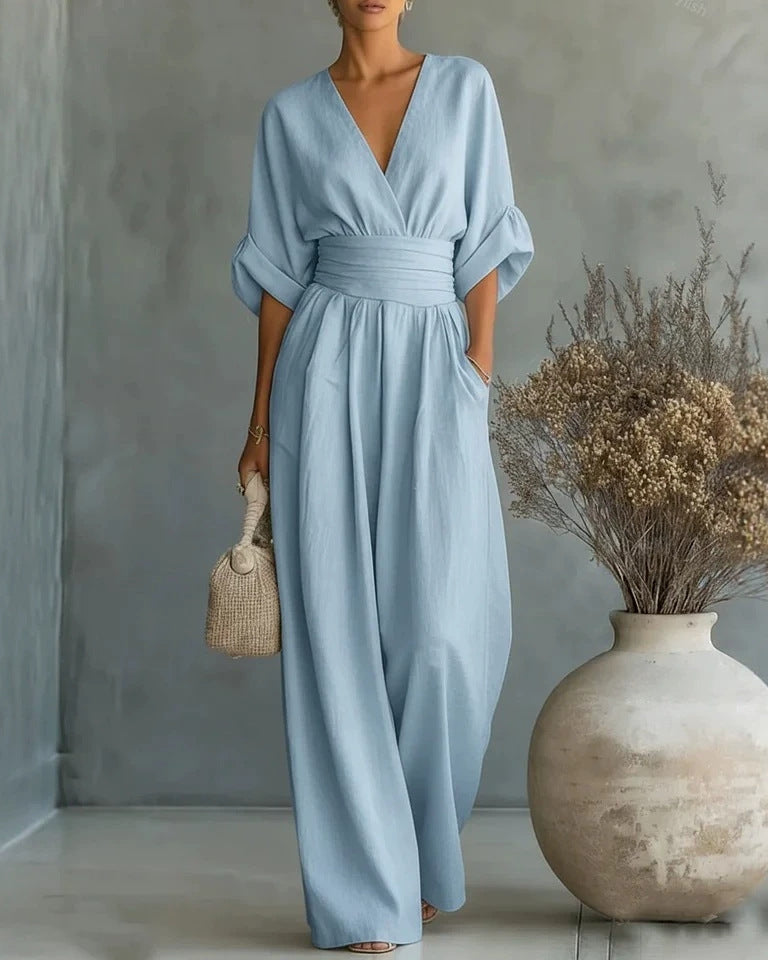 Women's Casual V-Neck Wide Leg Cotton Jumpsuit