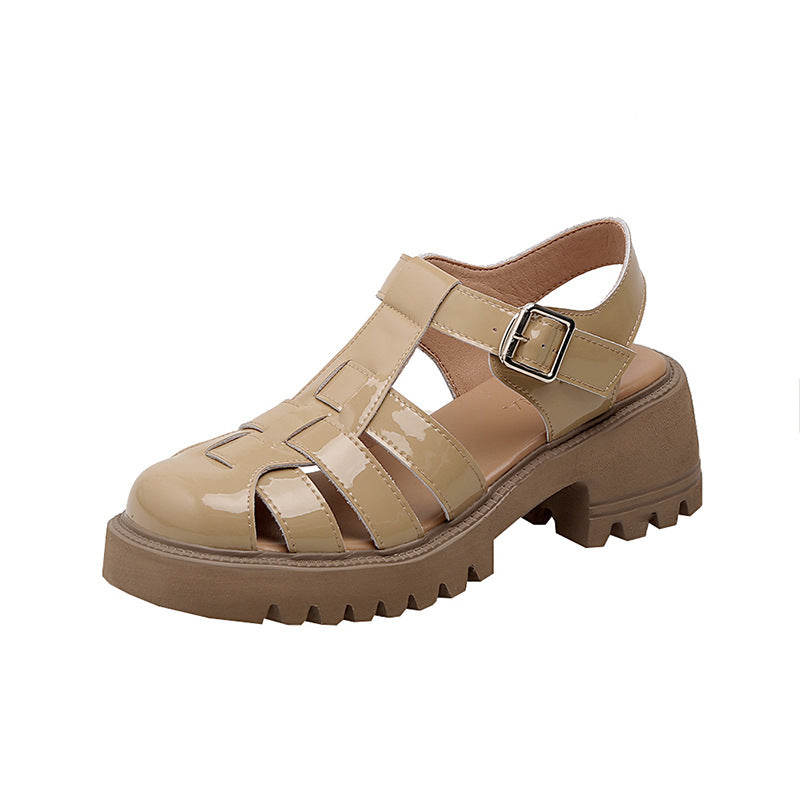 Closed Toe Slingback Mary Jane Shoes Chunky Heel T-Strap Sandals