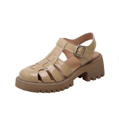 Closed Toe Slingback Mary Jane Shoes Chunky Heel T-Strap Sandals