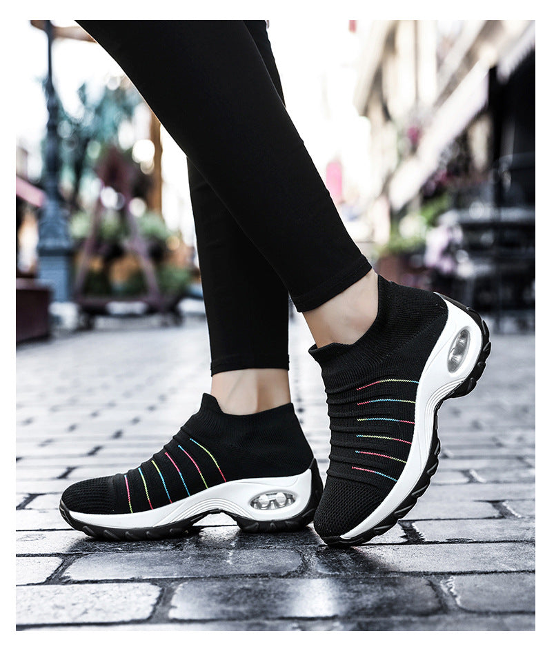 Woman's Striped Pattern Knit Sports Shoes