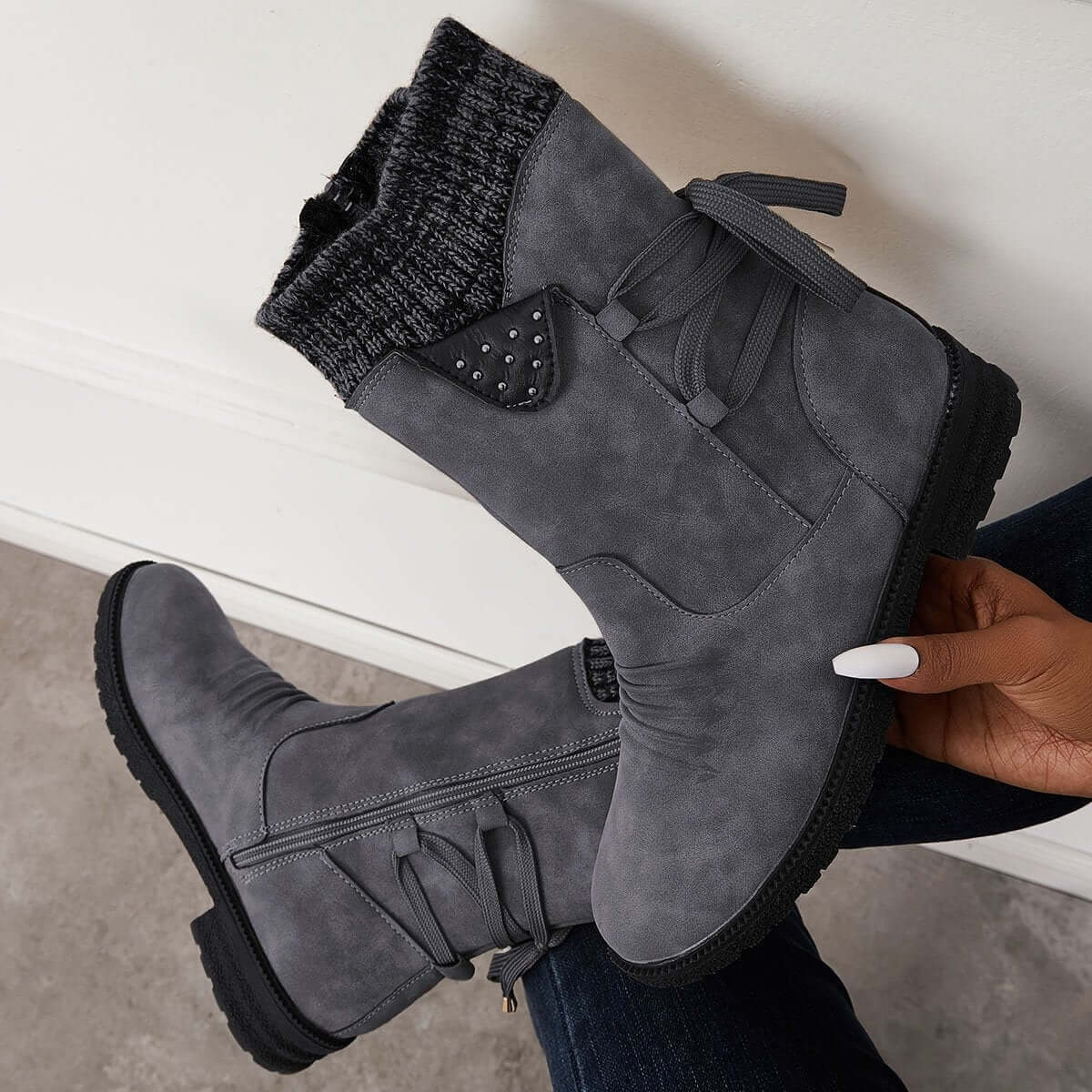 Waterproof Suede Block Heel Ankle Boots Side Zipper Booties