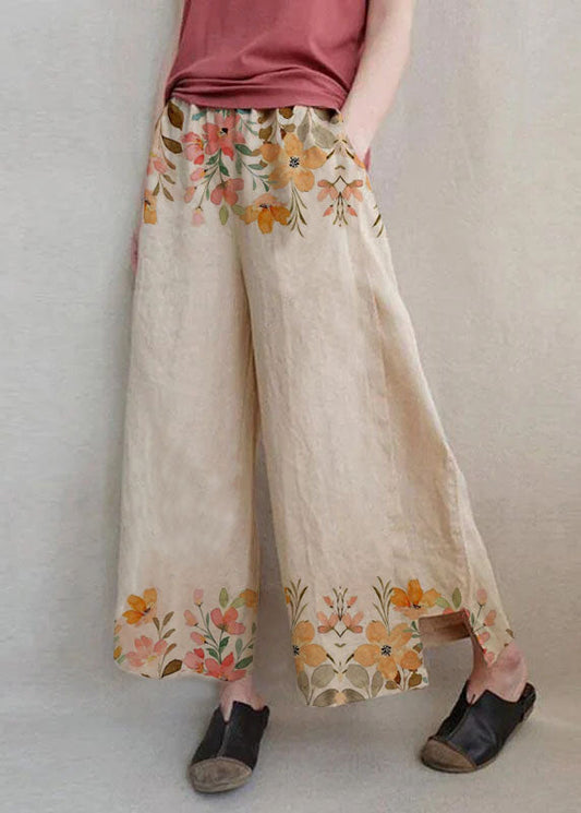 Women's Cotton Linen Wide Leg Pants White Floral Plus Size - OutfitLondon