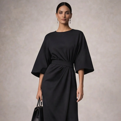 Women's Elegant Waist Belt Midi Dress