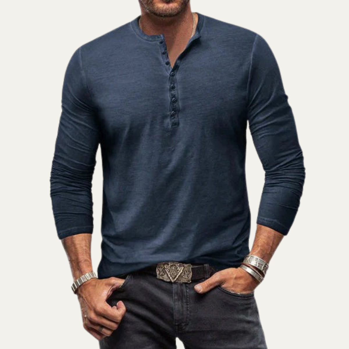 Classic Men's Long Sleeve Henley Shirt - Comfortable Cotton Tee
