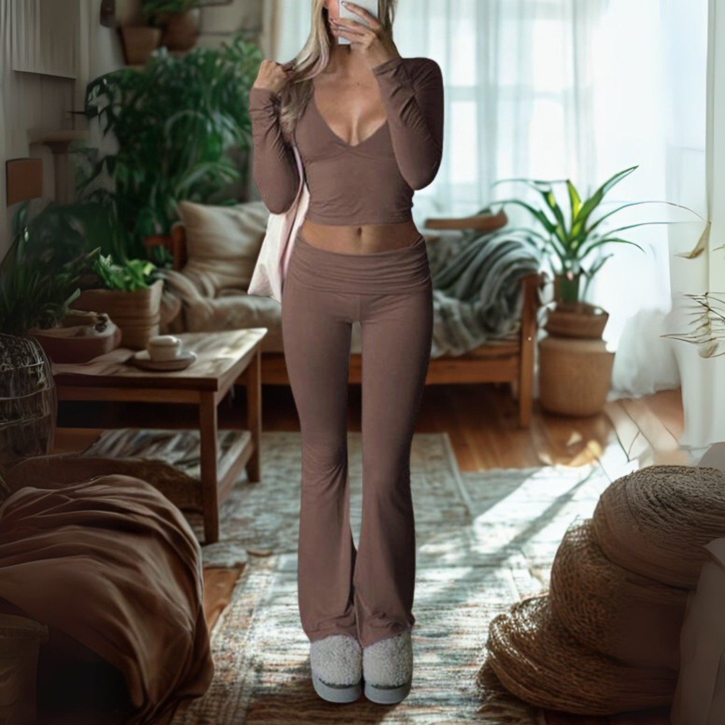 Relaxed Fit V-Neck Crop Top and Leggings Set