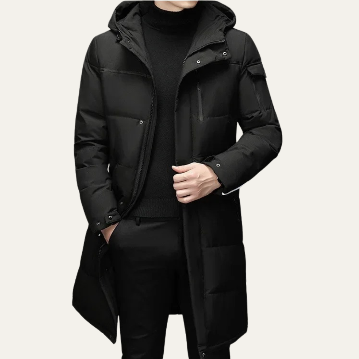 Warm Men's Black Parka Puffer Jacket with Hood