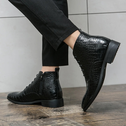 Men's Black Leather Alligator Print Ankle Boots