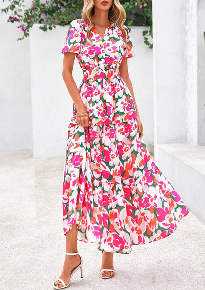 Casual Floral V Neck Flowy Beach Maxi Dress