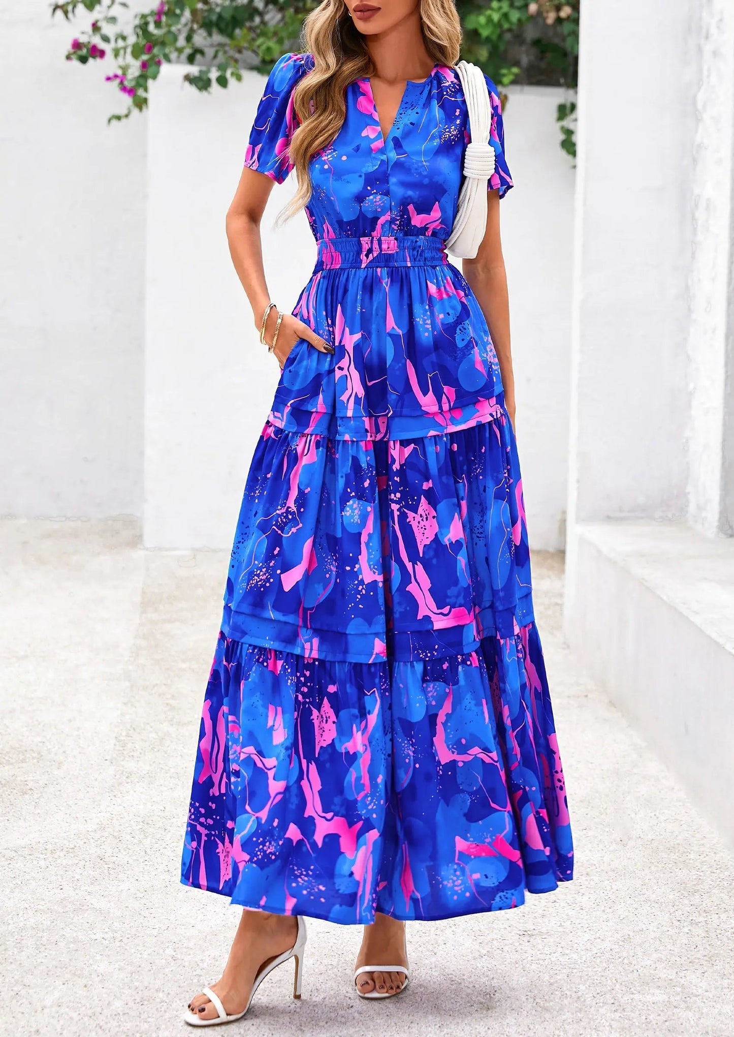 Casual Floral V Neck Flowy Beach Maxi Dress