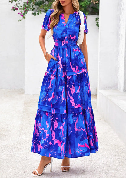 Casual Floral V Neck Flowy Beach Maxi Dress