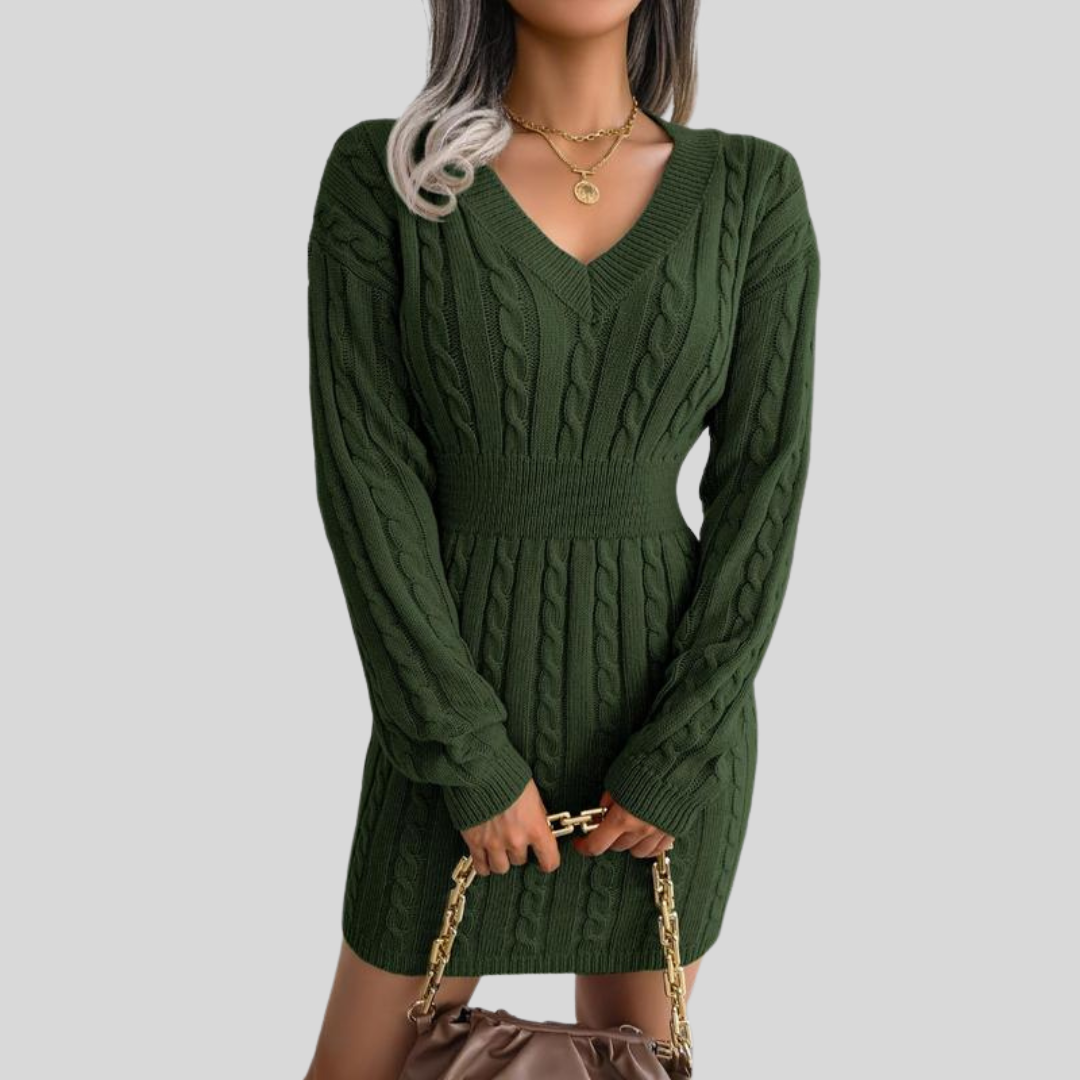 Soft Cable Knit V-Neck Sweater Dress for Women