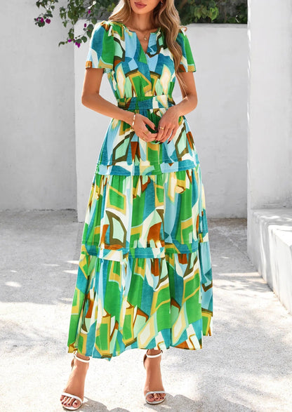 Casual Floral V Neck Flowy Beach Maxi Dress