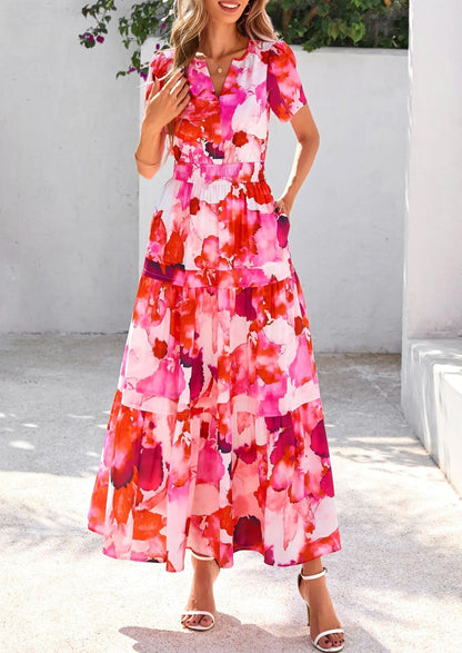 Casual Floral V Neck Flowy Beach Maxi Dress