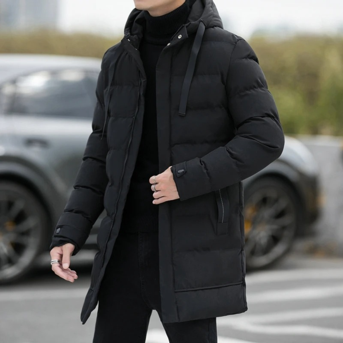 Men's Black Down Filled Long Puffer Jacket
