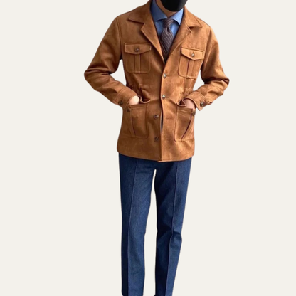 Men's Leather Field Coat with Multiple Pockets