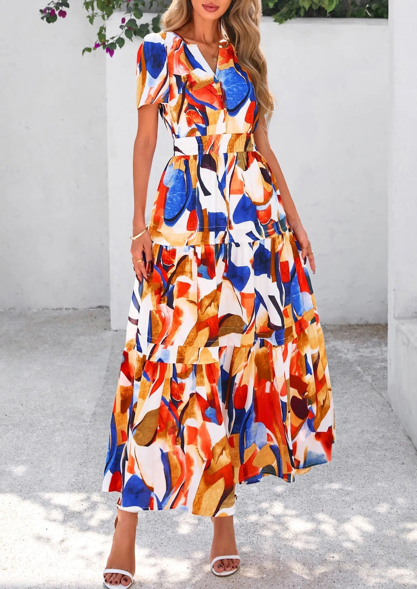 Casual Floral V Neck Flowy Beach Maxi Dress