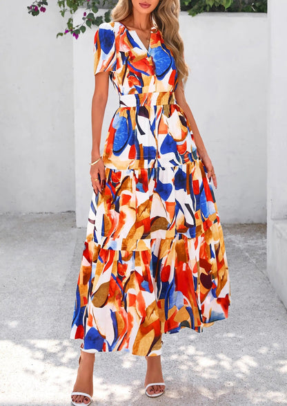 Casual Floral V Neck Flowy Beach Maxi Dress