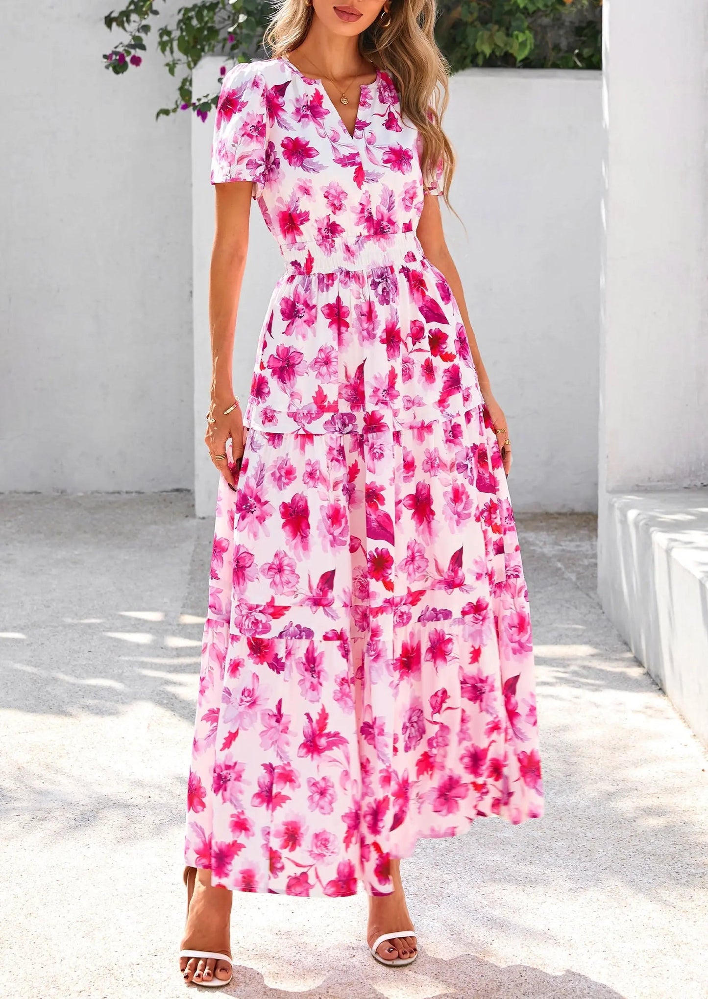 Casual Floral V Neck Flowy Beach Maxi Dress