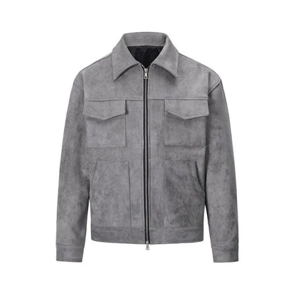 Men's Synthetic Suede Zipper Jacket with Pocket Details