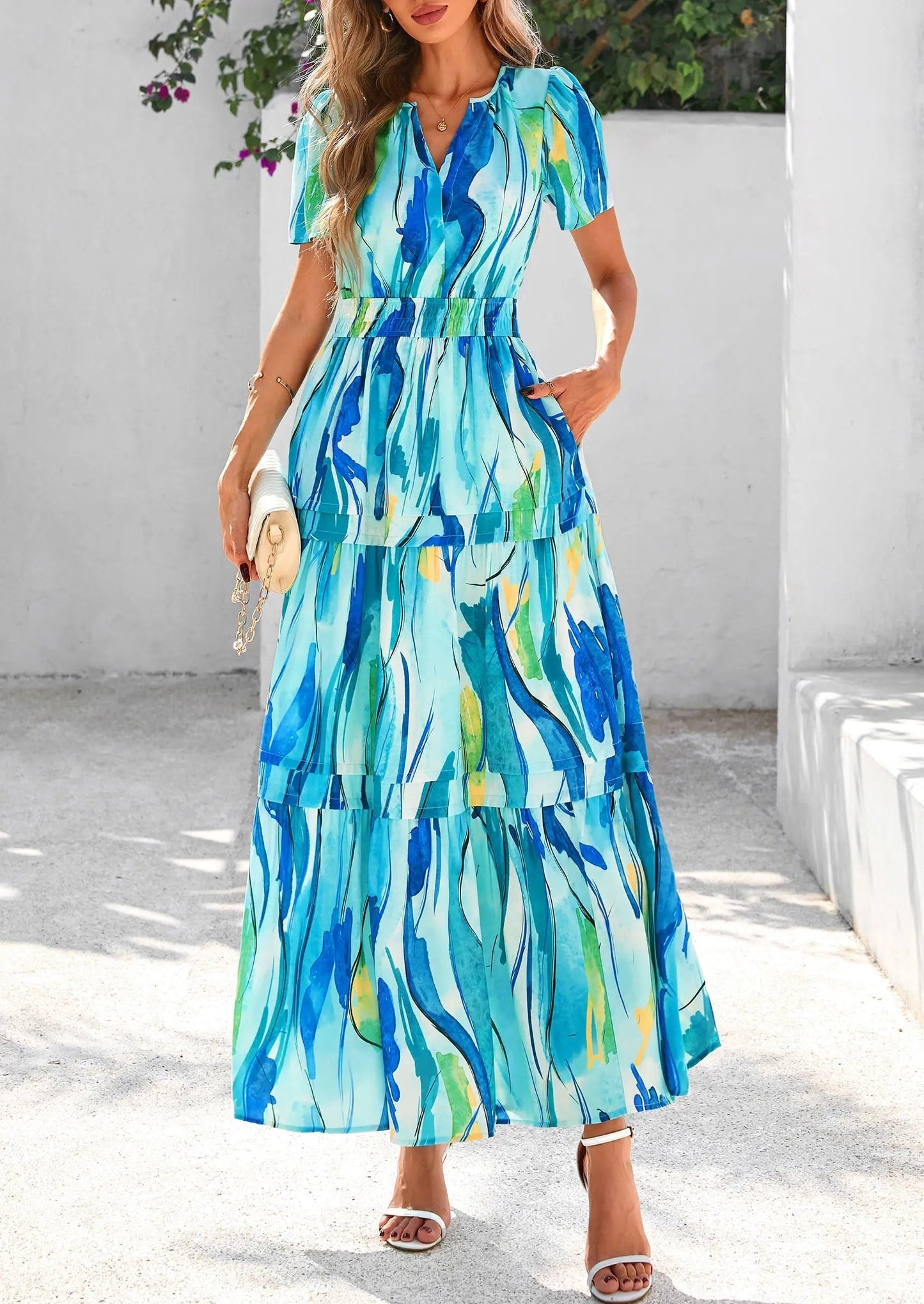 Casual Floral V Neck Flowy Beach Maxi Dress