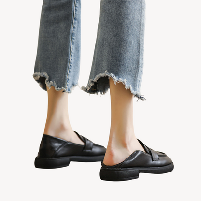 Ladies Synthetic Leather Block Heel Loafers