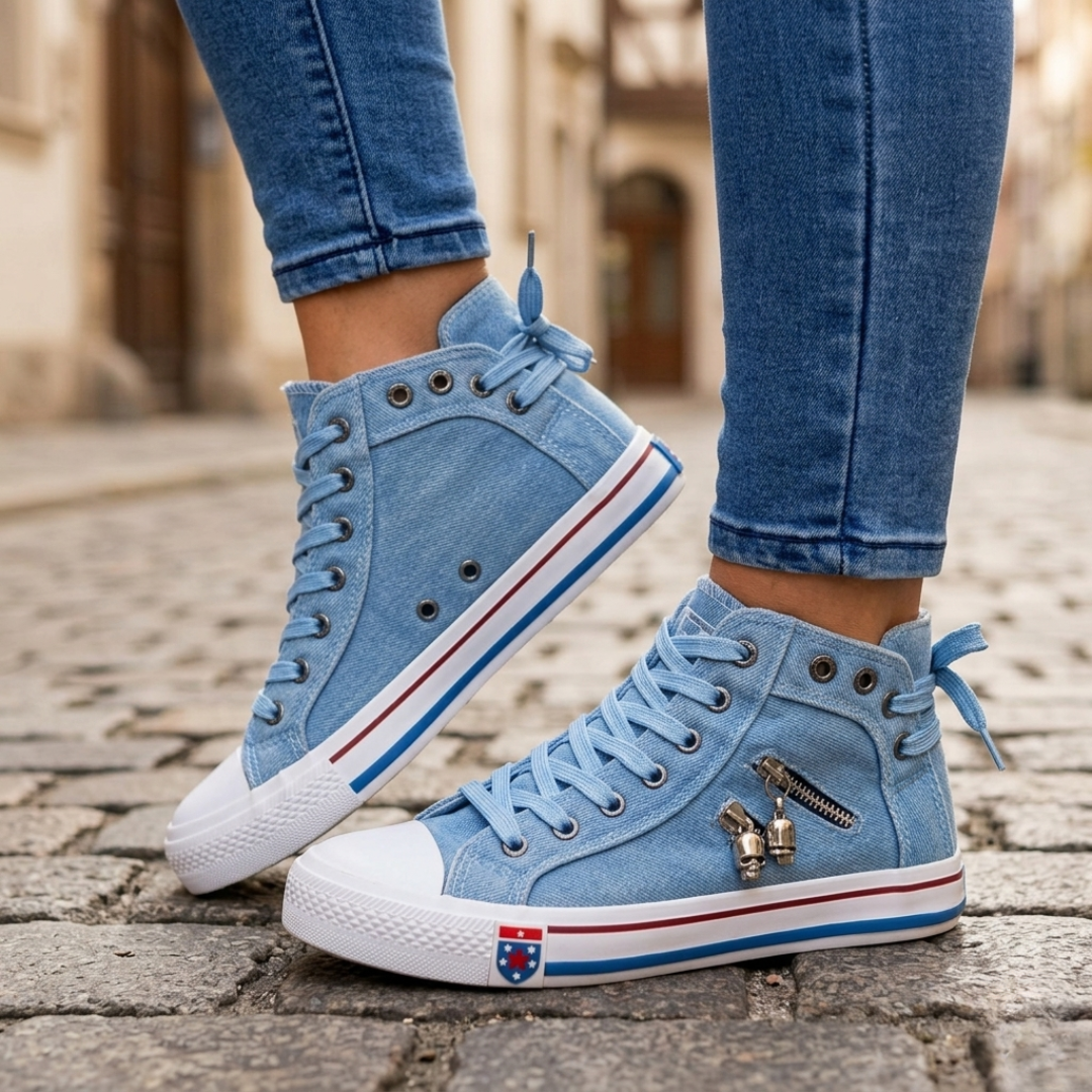 Classic Women's Lace Up Denim Sneakers Casual Shoes - OutfitLondon