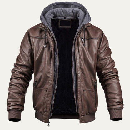 Men's Quilted Synthetic Leather Bomber Jacket with Fleece Hood