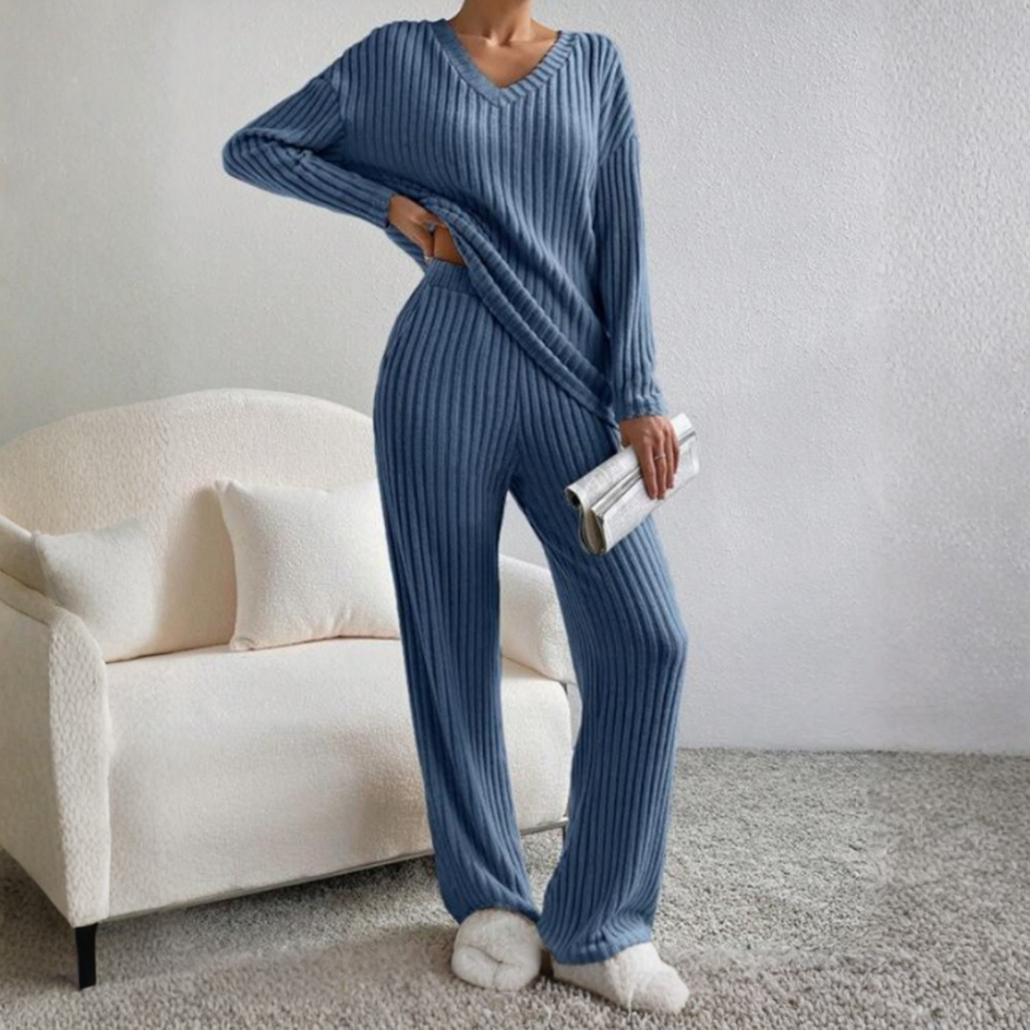 Relaxed Fit Long Sleeve V Neck Loungewear Set