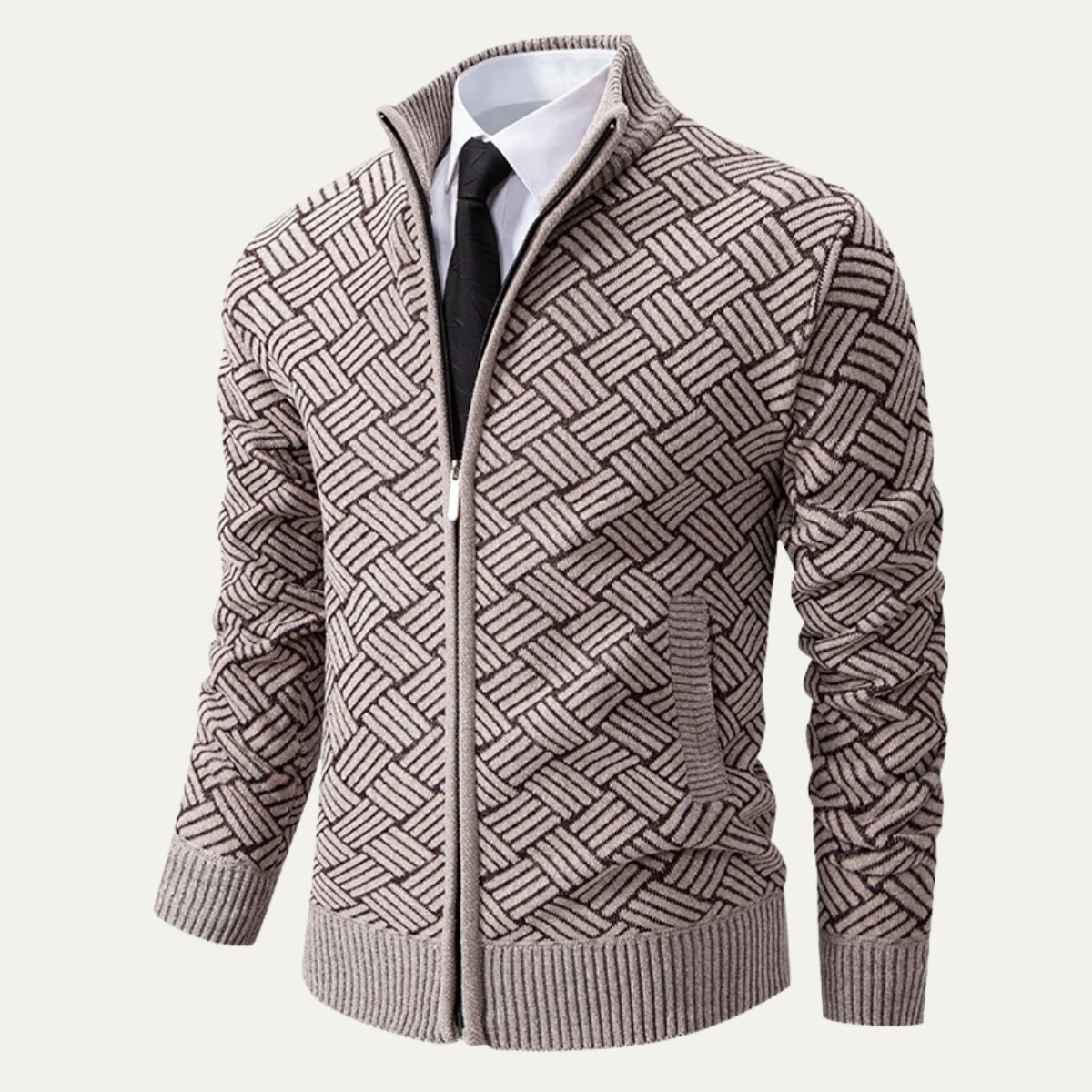 Men's Classic Knit Pattern Jacket with Stand Collar