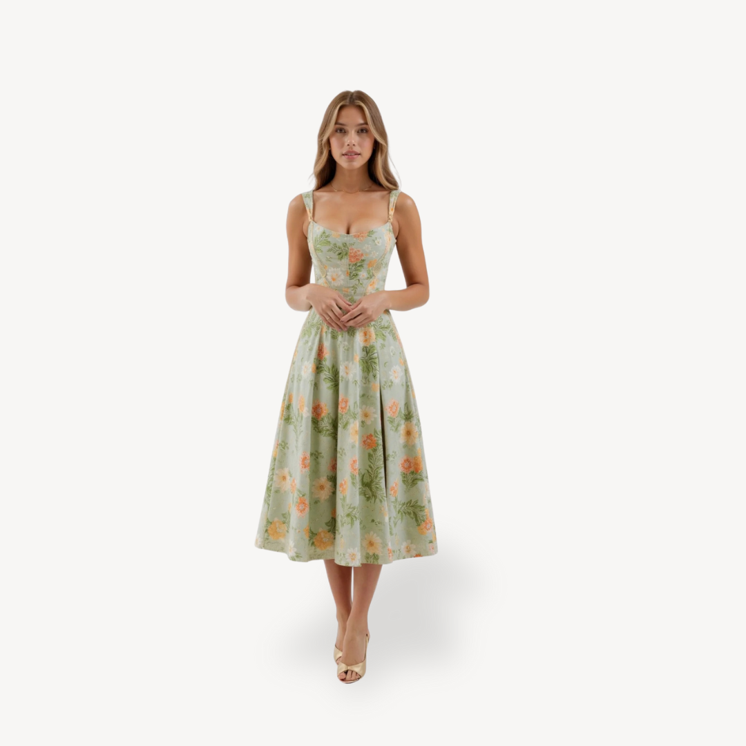 Ladies Pretty Flower Midi Cotton Dress - OutfitLondon