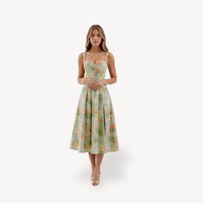 Ladies Pretty Flower Midi Cotton Dress - OutfitLondon