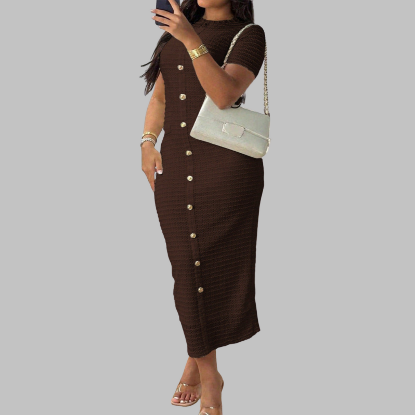 Classic Crew Neck Faux Button Dress