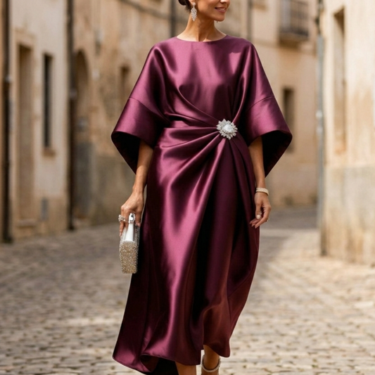 Luxury Satin Midi Dress with Cape Sleeves - OutfitLondon