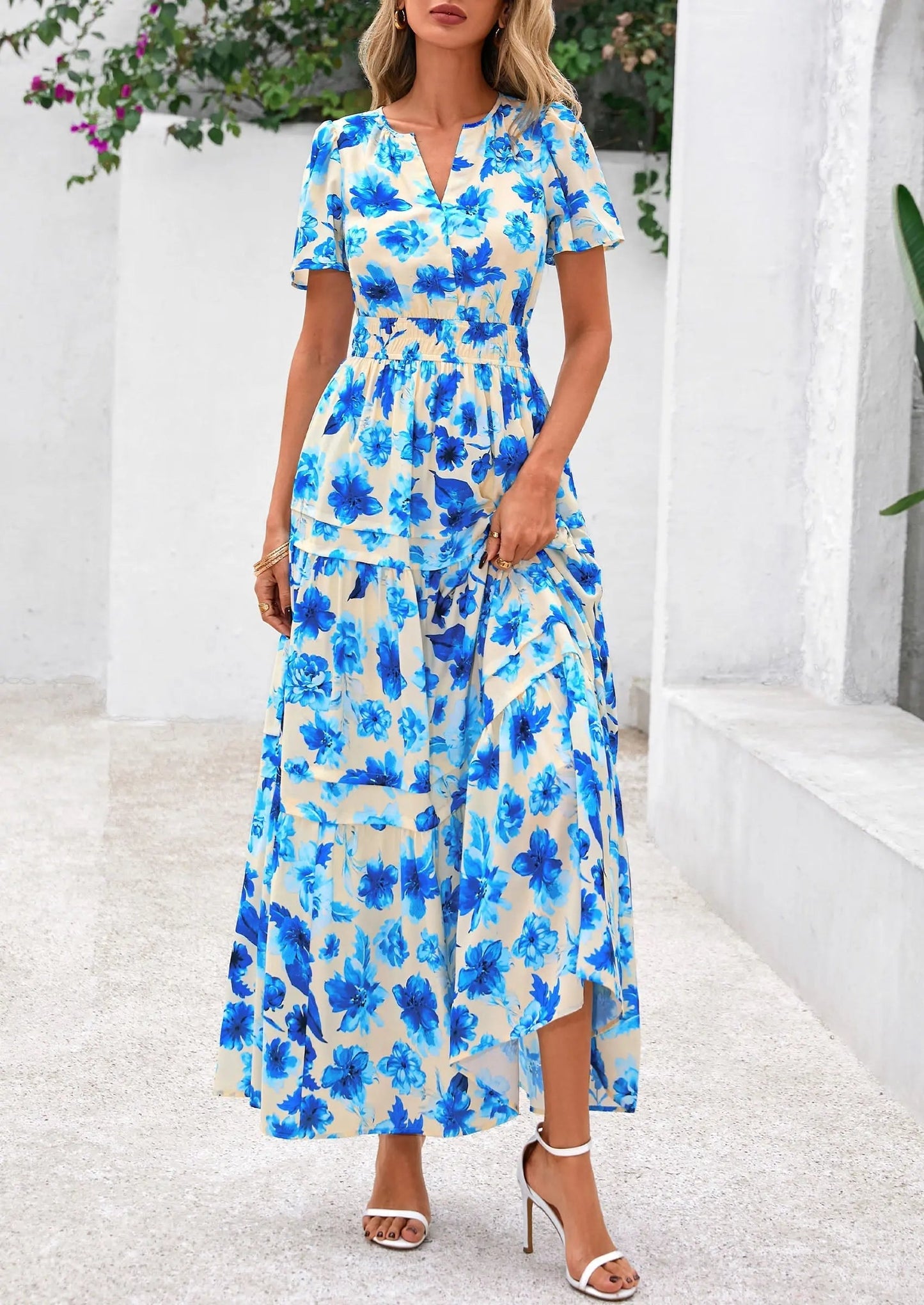 Casual Floral V Neck Flowy Beach Maxi Dress