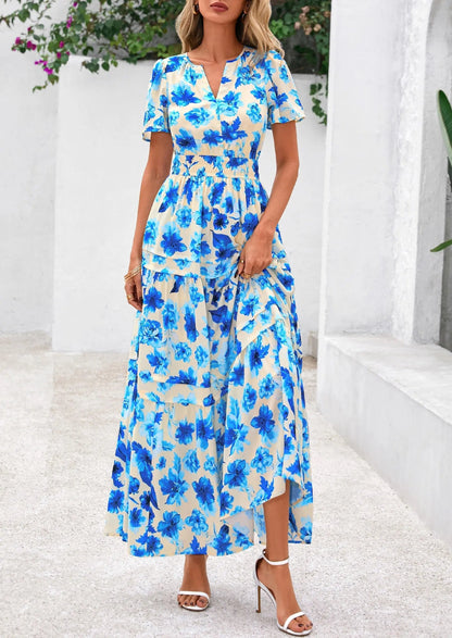 Casual Floral V Neck Flowy Beach Maxi Dress