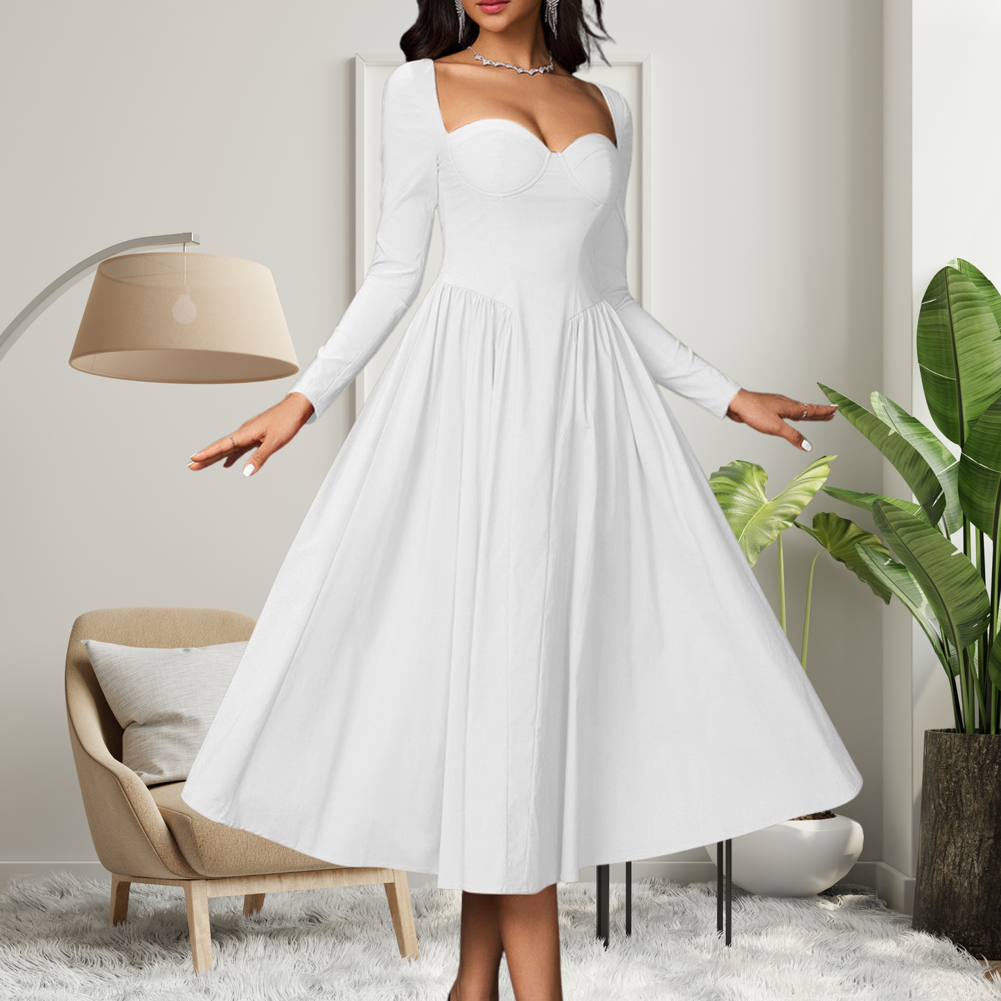Chic V Neck Long Sleeve Maxi Dress