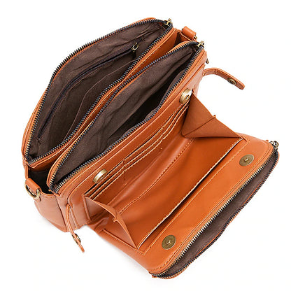 Three-Layer Crossbody Leather Shoulder Bag & Clutch