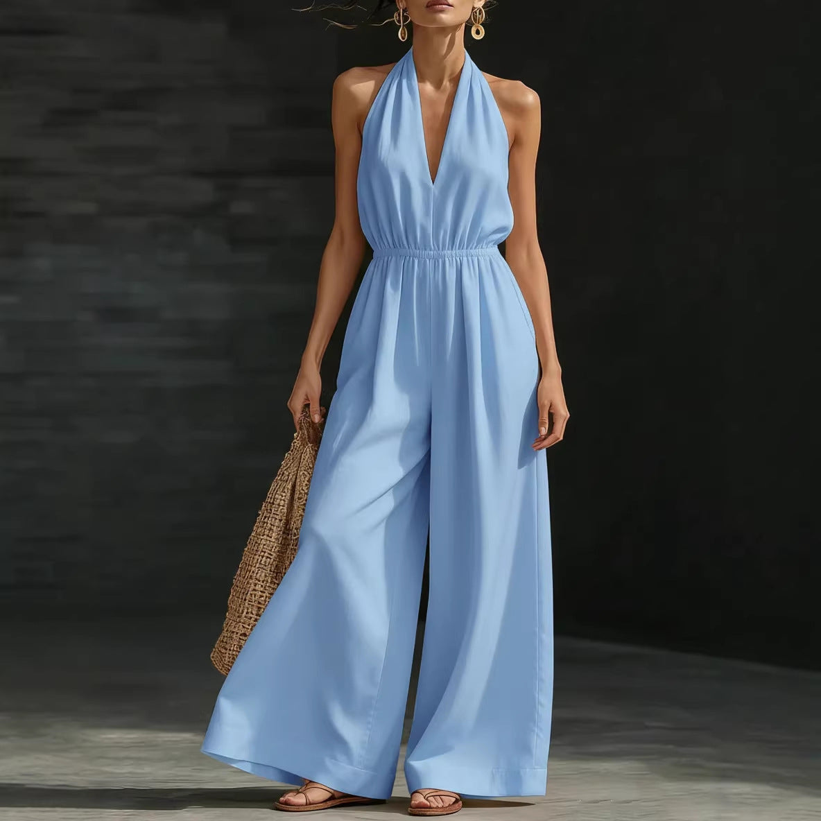 Women's Stylish V-Neck Halter Neck Wide-Leg Jumpsuit