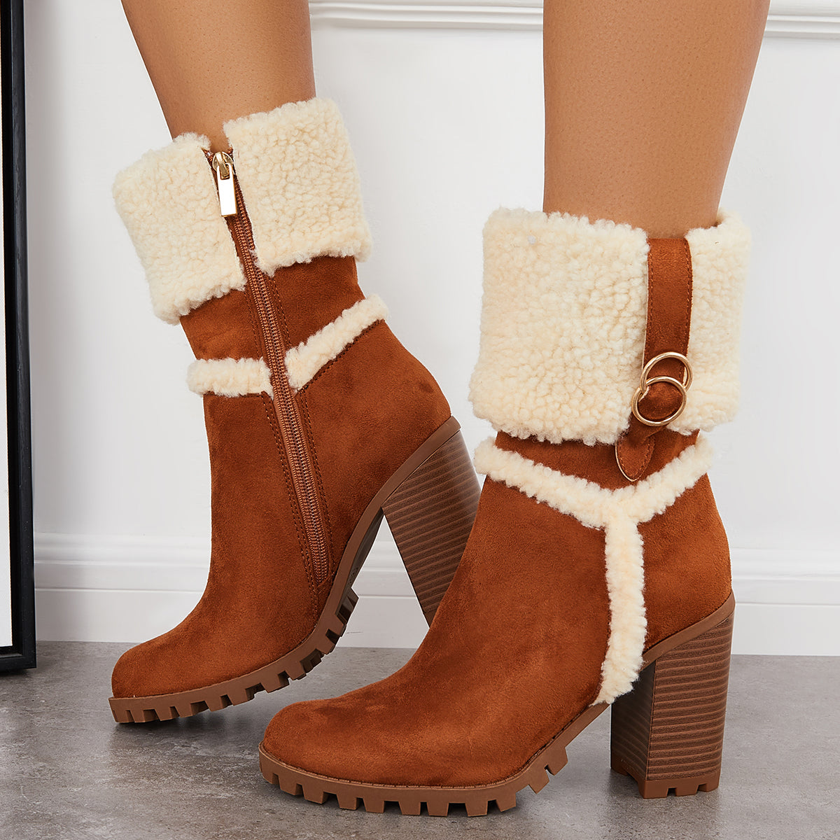 Fur Lined Ankle Snow Boots Side Zipper Chunky Heel Booties