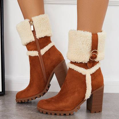 Fur Lined Ankle Snow Boots Side Zipper Chunky Heel Booties
