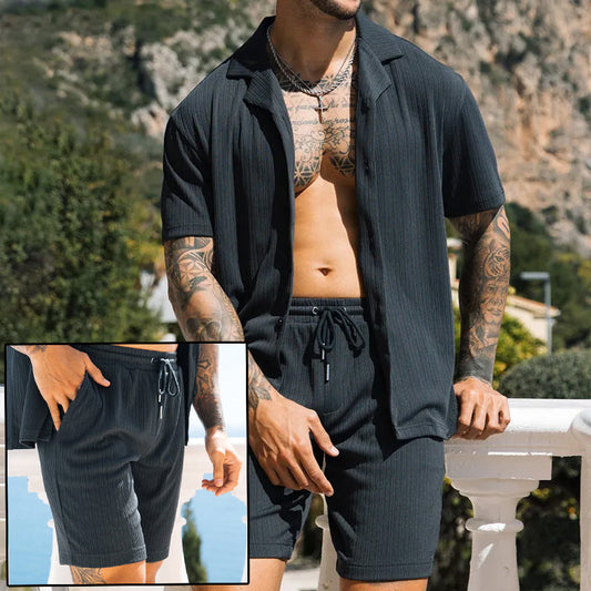 Men's Casual Cotton Short Sleeve Lapel Button Shirt and Shorts Set