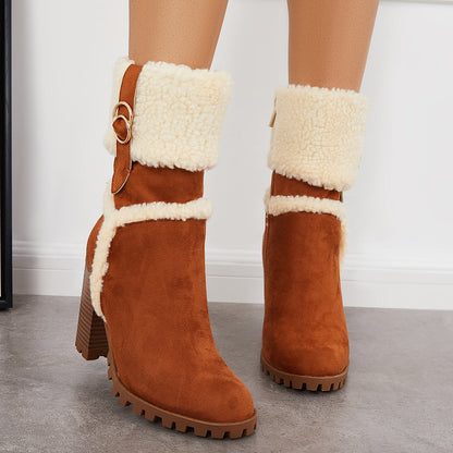Fur Lined Ankle Snow Boots Side Zipper Chunky Heel Booties