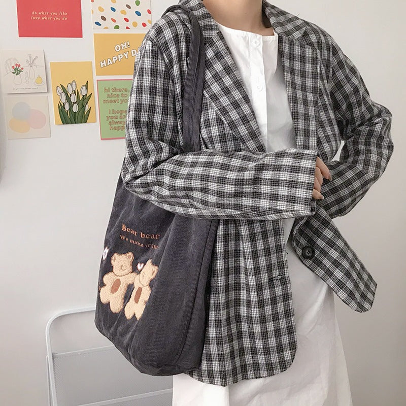 Women's Casual Corduroy Tote Bag with Embroidered Detail
