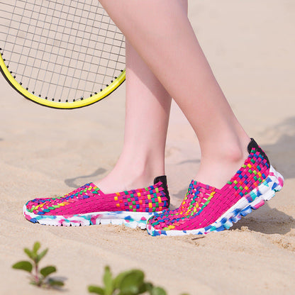 Women Casual Flats Loafers Fantasy Color Mesh Hand Woven Shoes